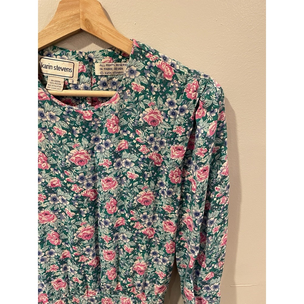 Vintage 80's Karin Stevens Dress Size 8 Green Floral Cottagecore Retro Prairie
